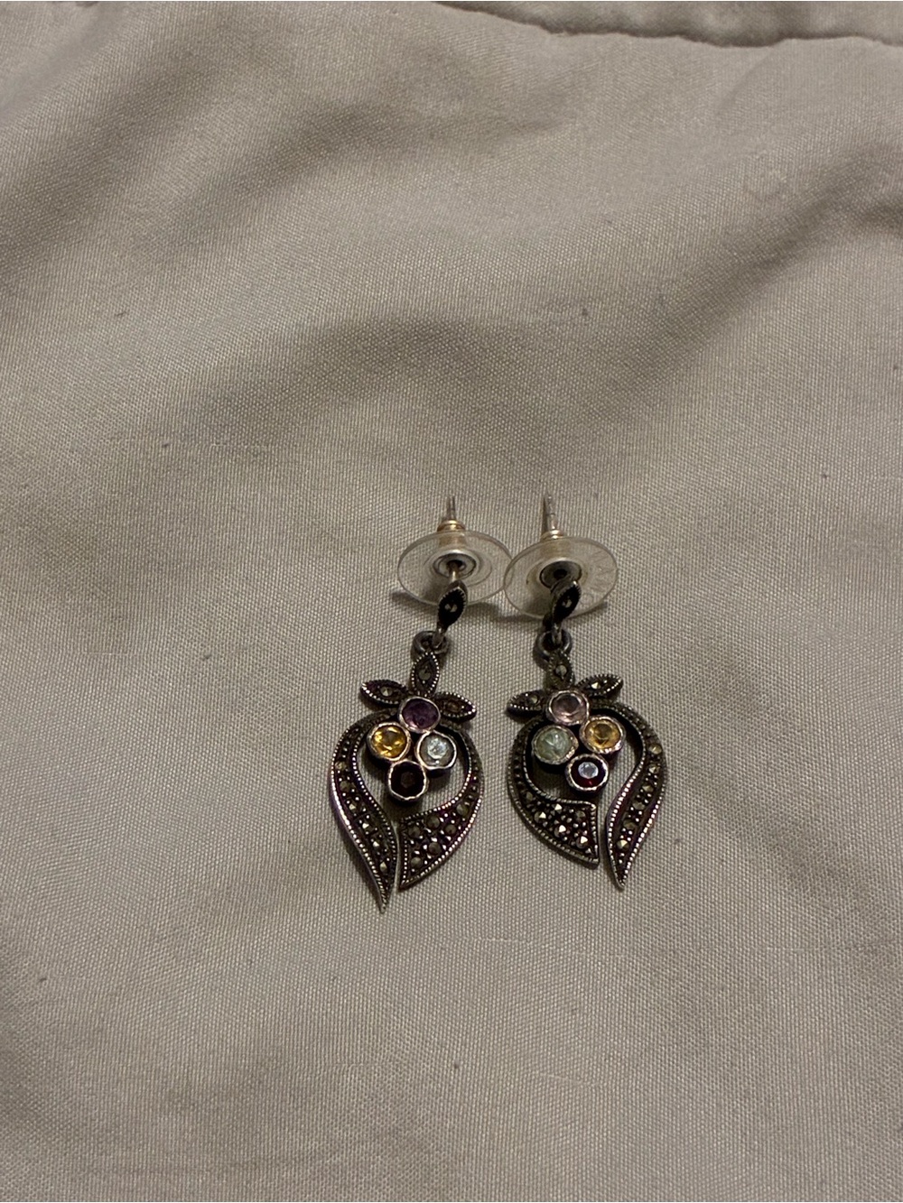 Vintage Sterling Silver Multicolor Leaf Drop Earrings